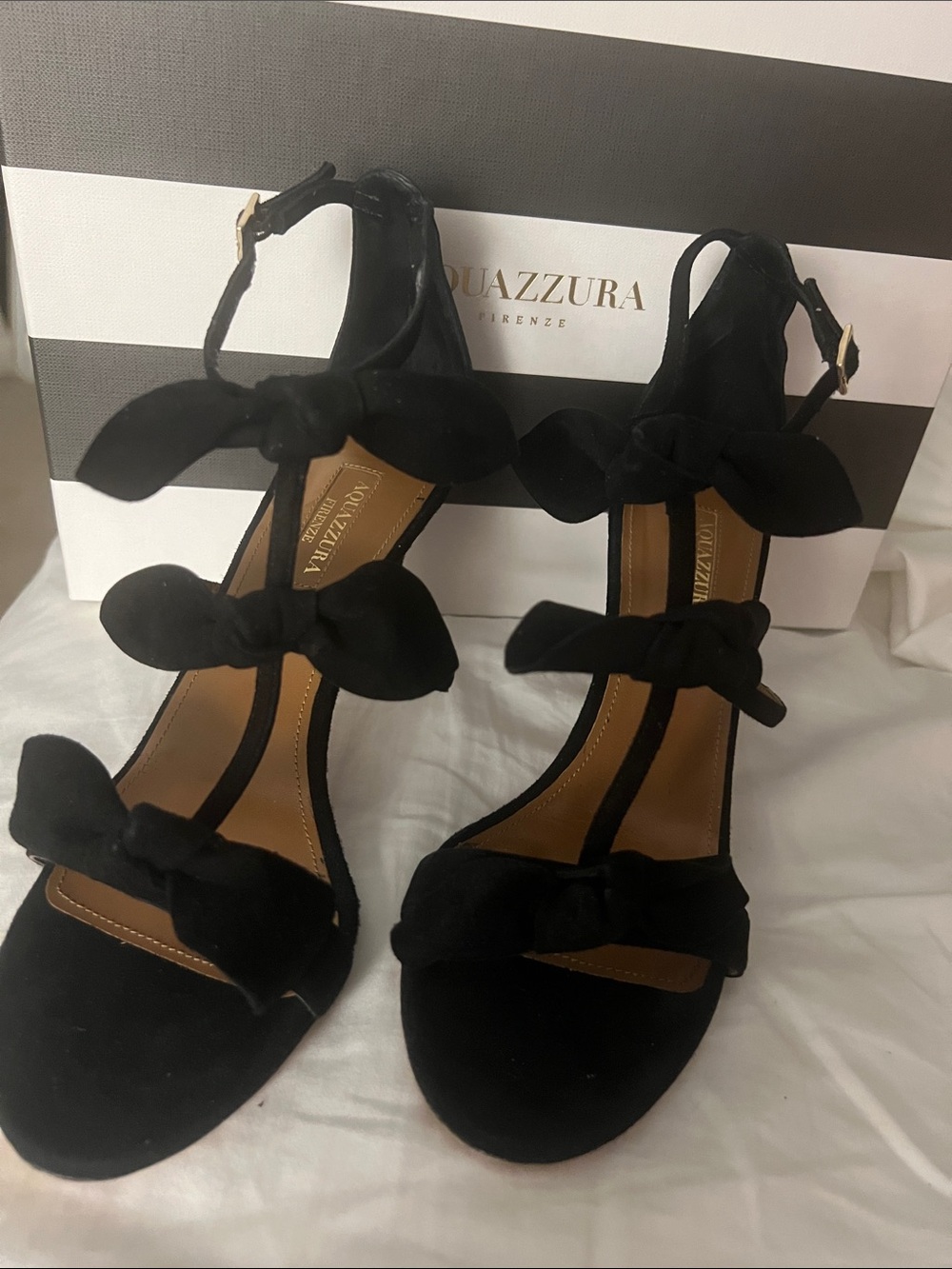 Aquazzura Black Suede Triple Bow T-Strap Sandals